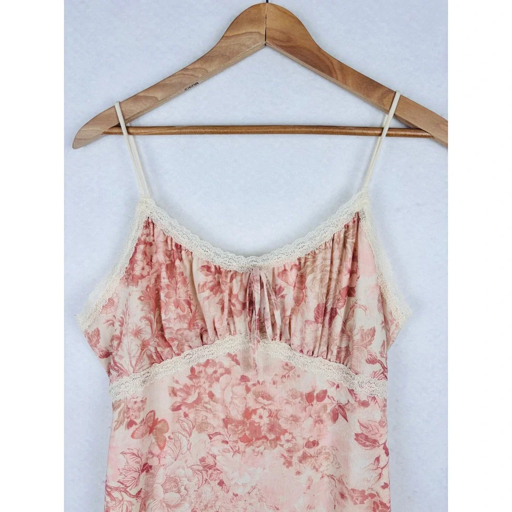 Pink Rose L Floral Maxi Slip Dress Pink Lace Trim Y2K Coquette Cottagecore